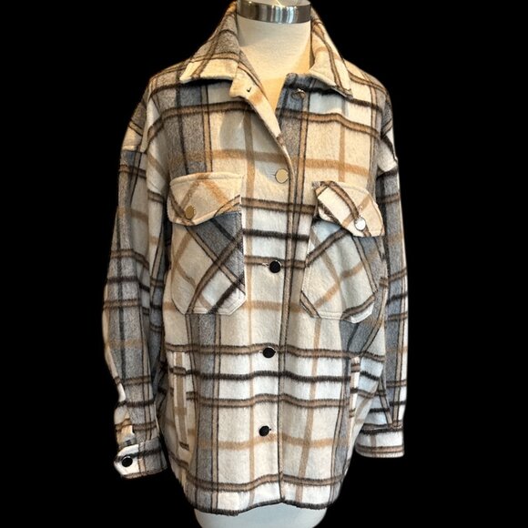 Zara Beige Plaid Fleece Shacket Jacket - Picture 2 of 10